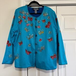 Indigo Moon Teal Blue Sequin Embellished Butterflies Jacket Size XL